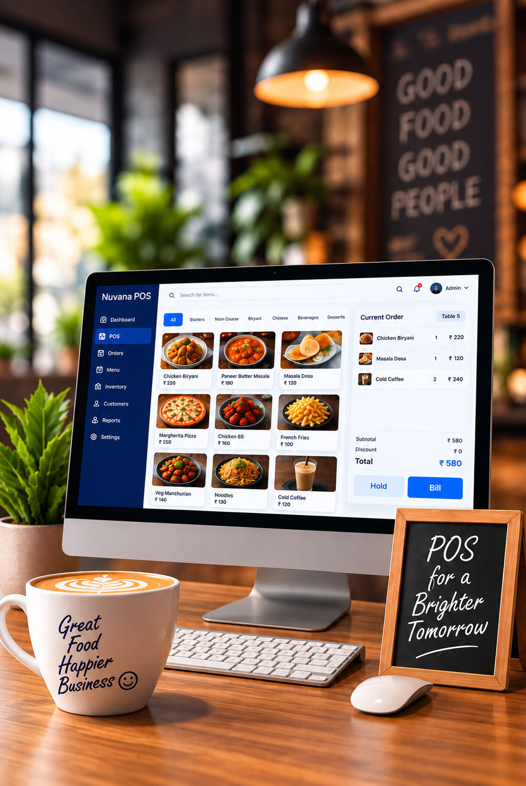 Restaurant POS with a coffee and a brighter tomorrow sign