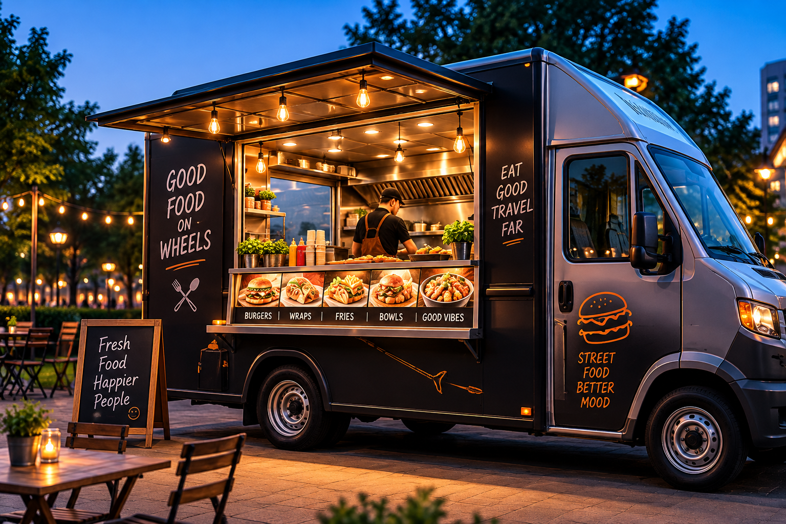 Food truck welcoming customers in the evening