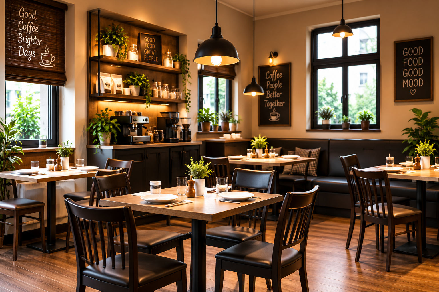 Cosy café with wooden tables