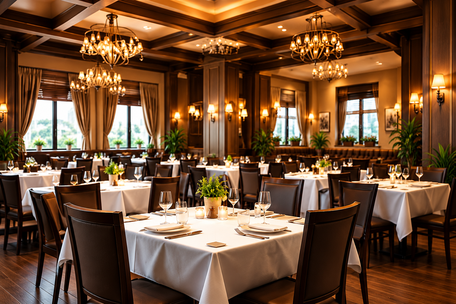 Warmly lit restaurant dining room